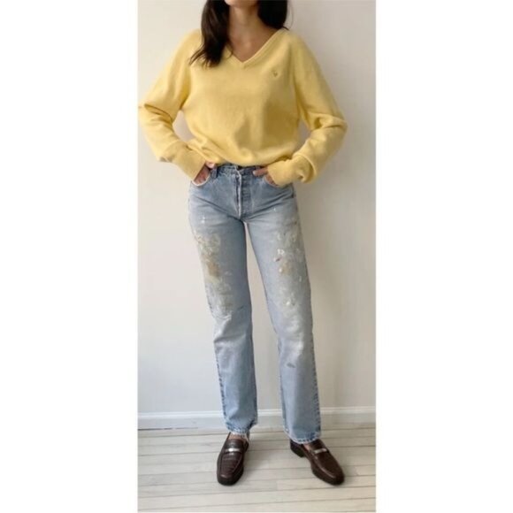 Christian Dior made in USA 100% Orlon acrylic V-neck sweater Butter yeliow M - Picture 9 of 9